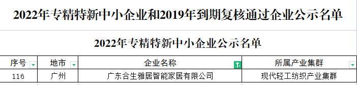 合生雅居入选2022广东省专精特新企业